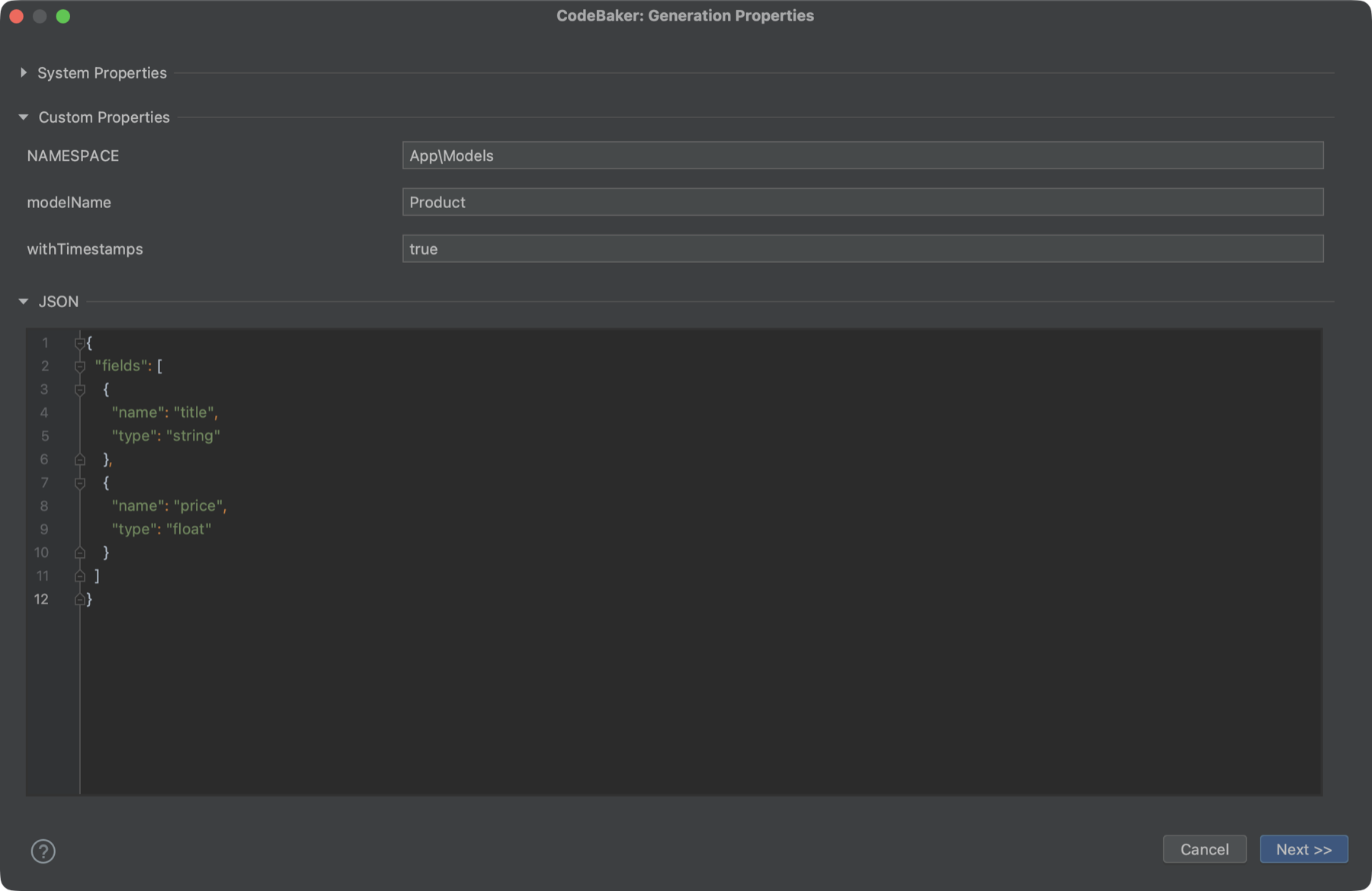 Step 1 of the wizard: the custom properties of a PHP model template above the JSON area