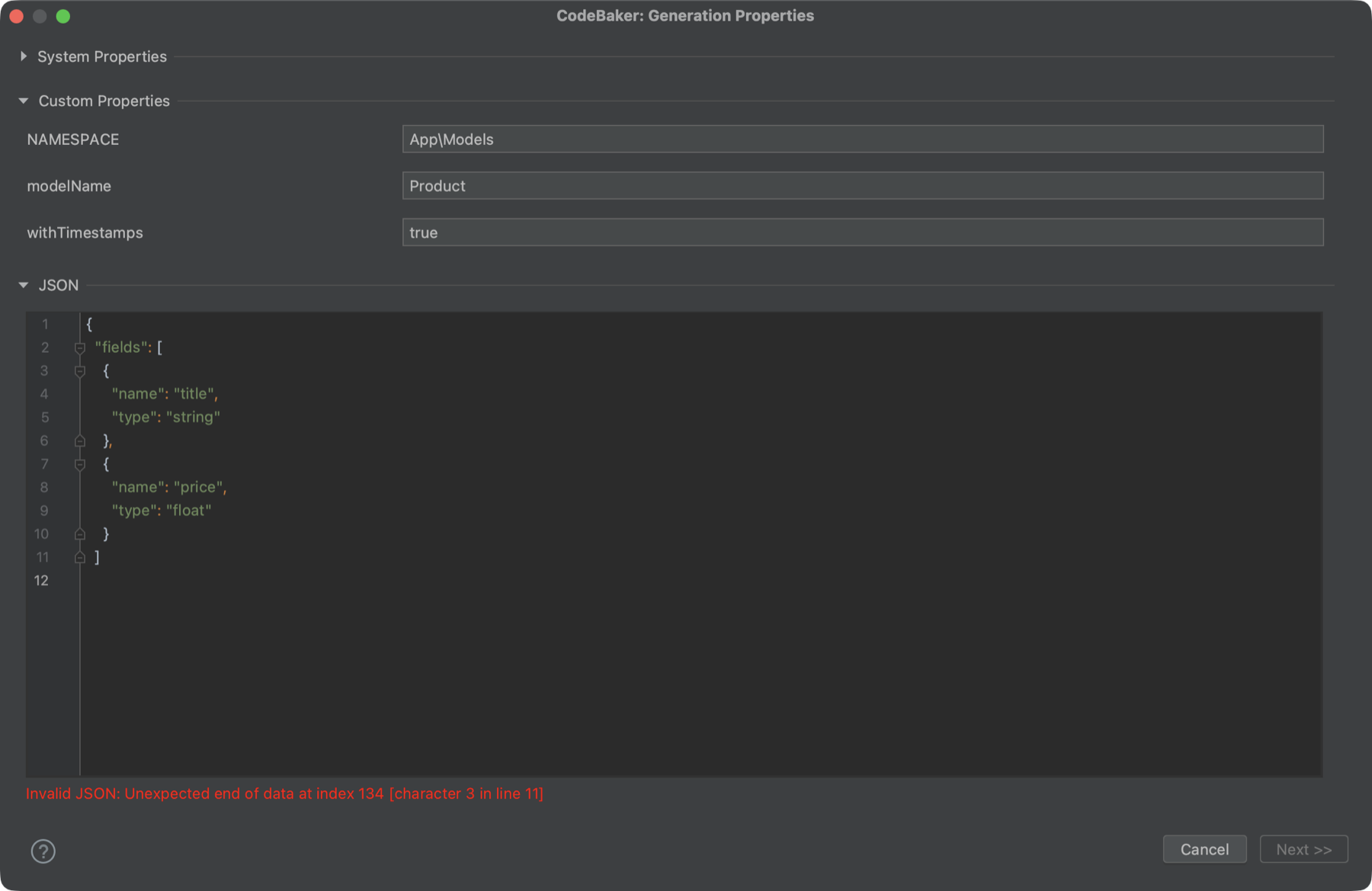 Invalid JSON: a red message under the editor and Next disabled