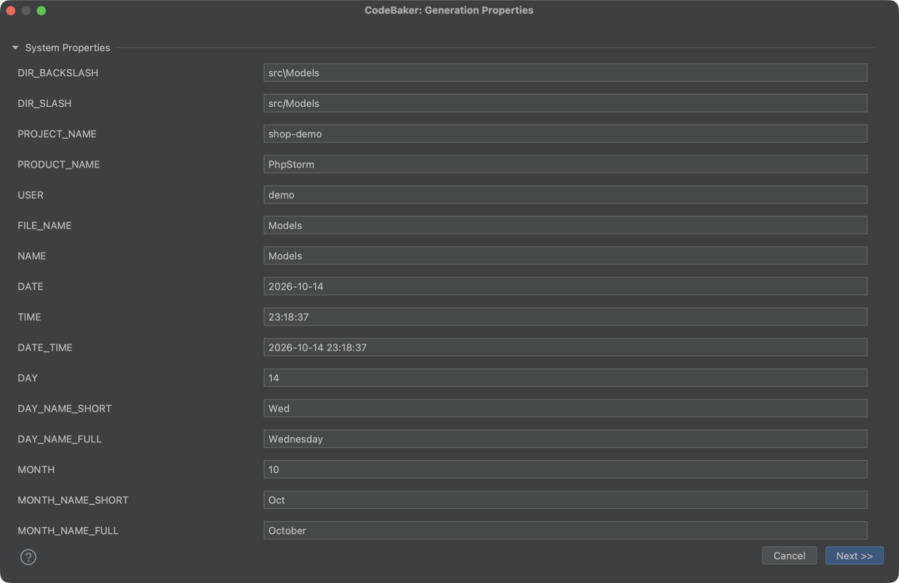 System Properties expanded: DIR_SLASH, PROJECT_NAME, USER, DATE and the others