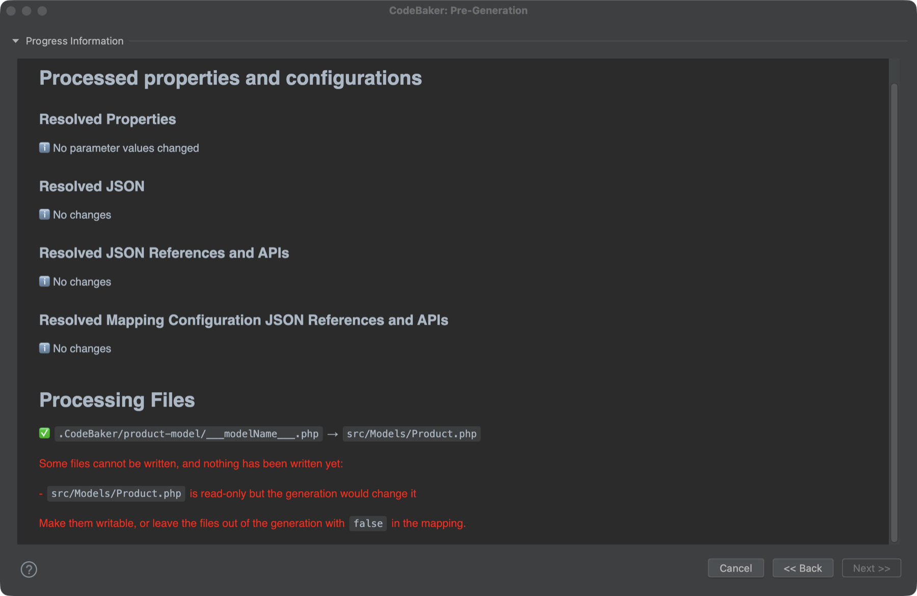 The Pre-Generation log with a red message: a file is read-only but the generation would change it