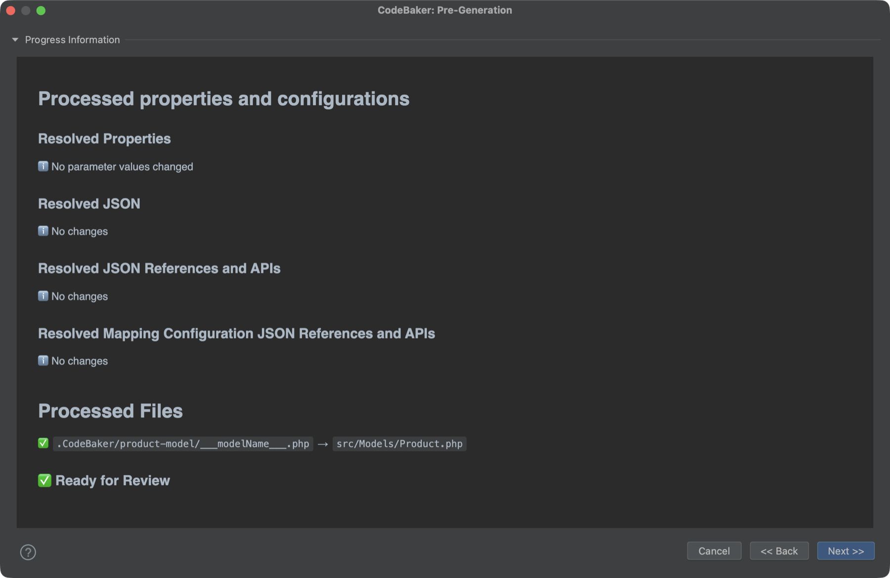 The Pre-Generation log: resolved properties, resolved JSON, the processed file and Ready for Review