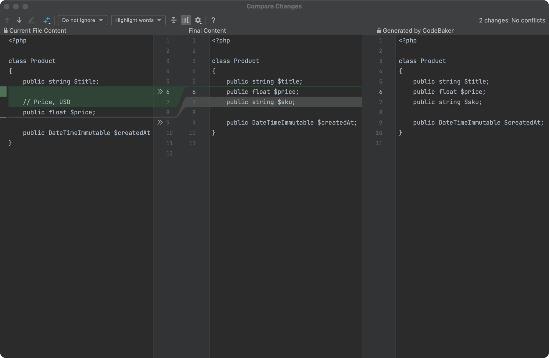The Compare Changes window: Current File Content on the left, Final Content in the middle, Generated by CodeBaker on the right