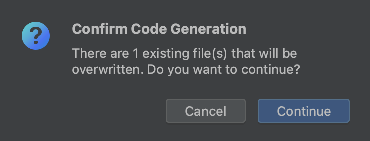 The Confirm Code Generation dialog with Continue and Cancel