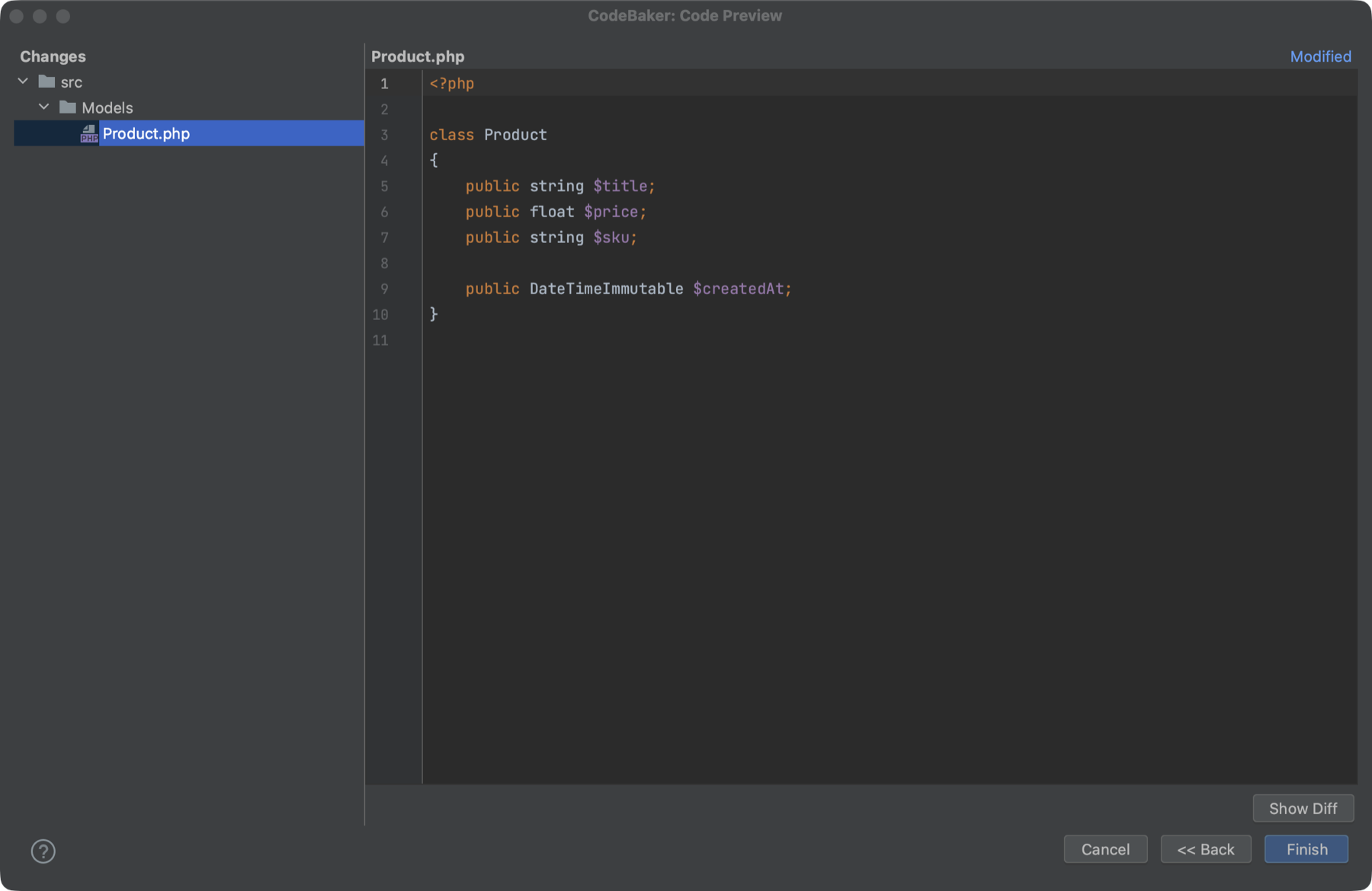 A modified file: the status Modified in the header and the Show Diff button under the editor