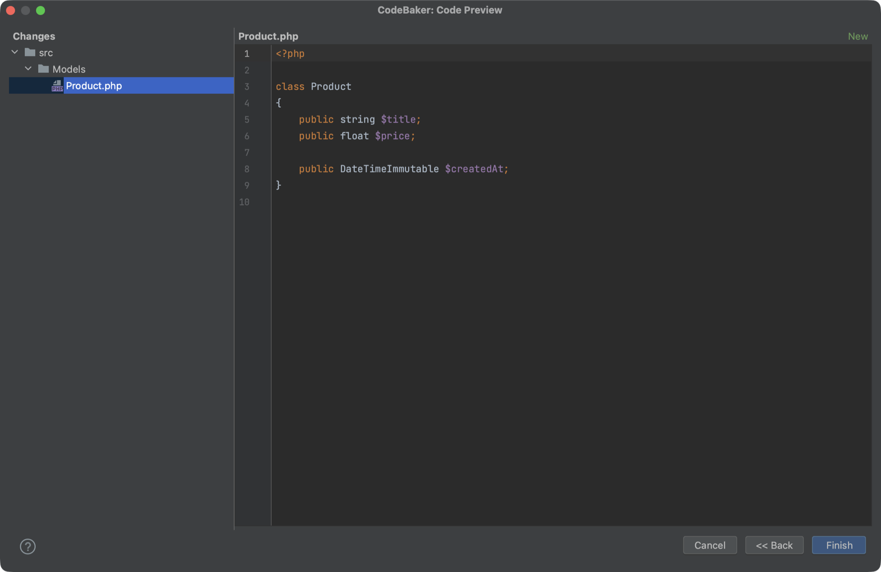 The Code Preview: the file tree on the left, the generated file in an editor on the right