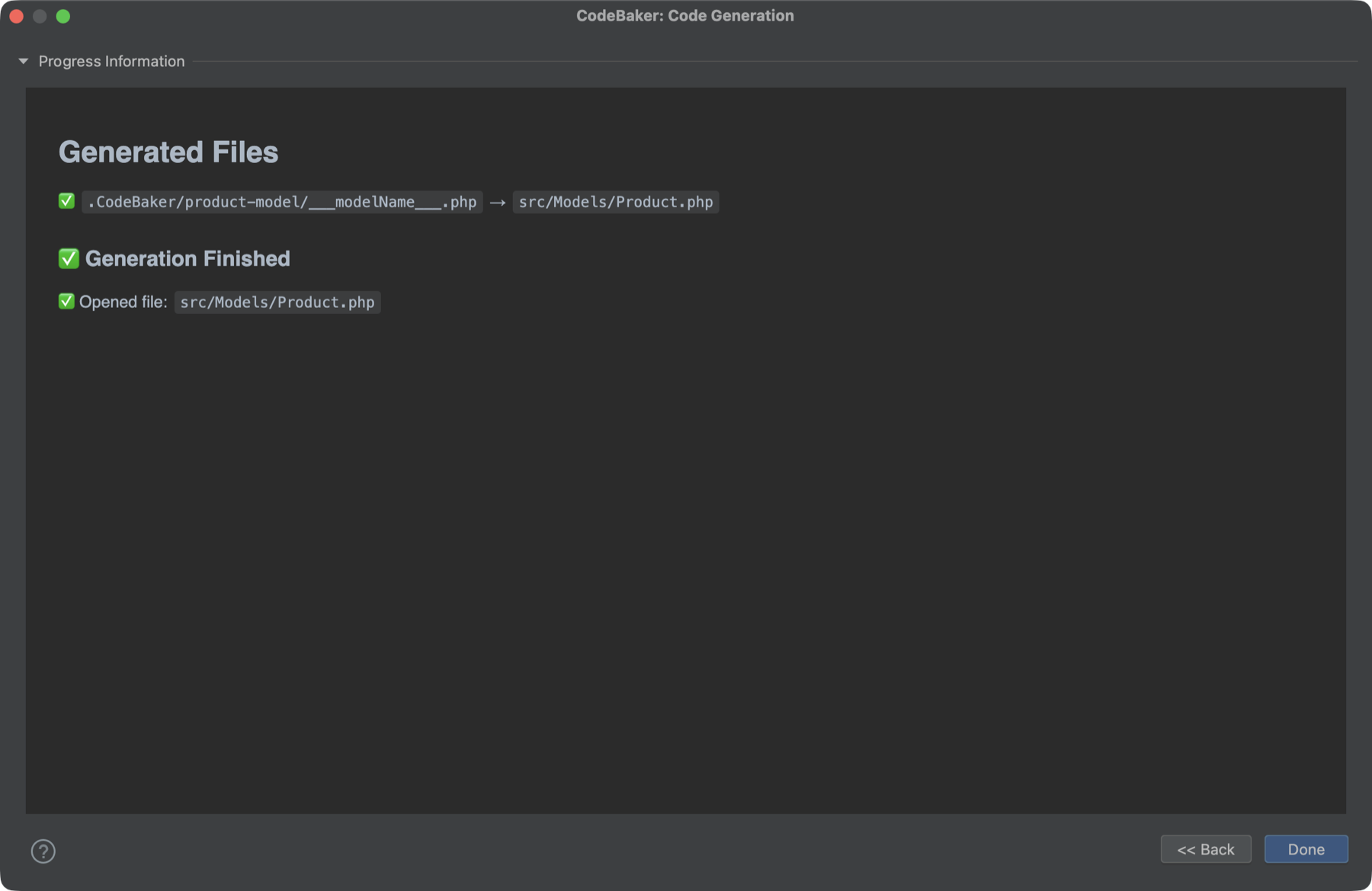 The finished log: Generated Files, Generation Finished and the opened file