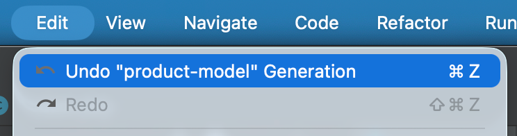 The Edit menu with the entry Undo "product-model" Generation
